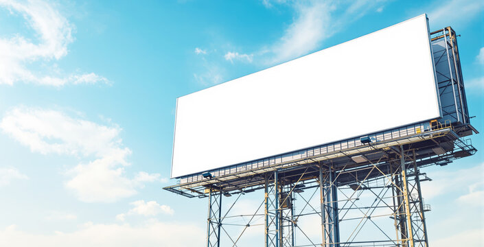 Empty outdoor billboard on tall metal structure, realistic style, blue sky with clouds background, concept of advertising space or marketing. Ai generative