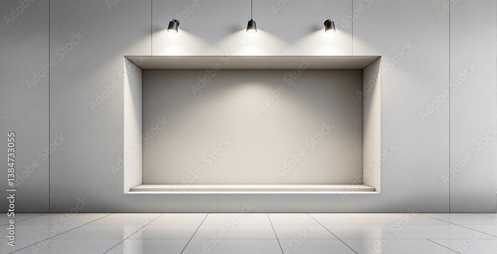 Poster minimalist empty display wall niche with three ceiling spotlights, clean tiled floor, and smooth bac