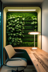 Fototapeta premium Futuristic Biophilic Pod Desk: Vibrant Green Wall, Ergonomic Seating, and Sustainable Materials