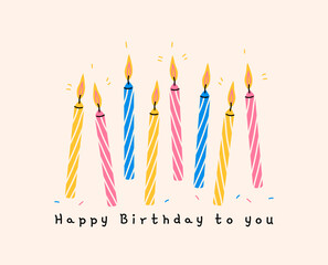 Happy birthday greeting card, set of multi-colored lit birthday candles on a light background, confectionery candles for cake, hand drawn simple illustration, flat style