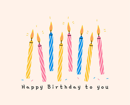 Happy birthday greeting card, set of multi-colored lit birthday candles on a light background, confectionery candles for cake, hand drawn simple illustration, flat style