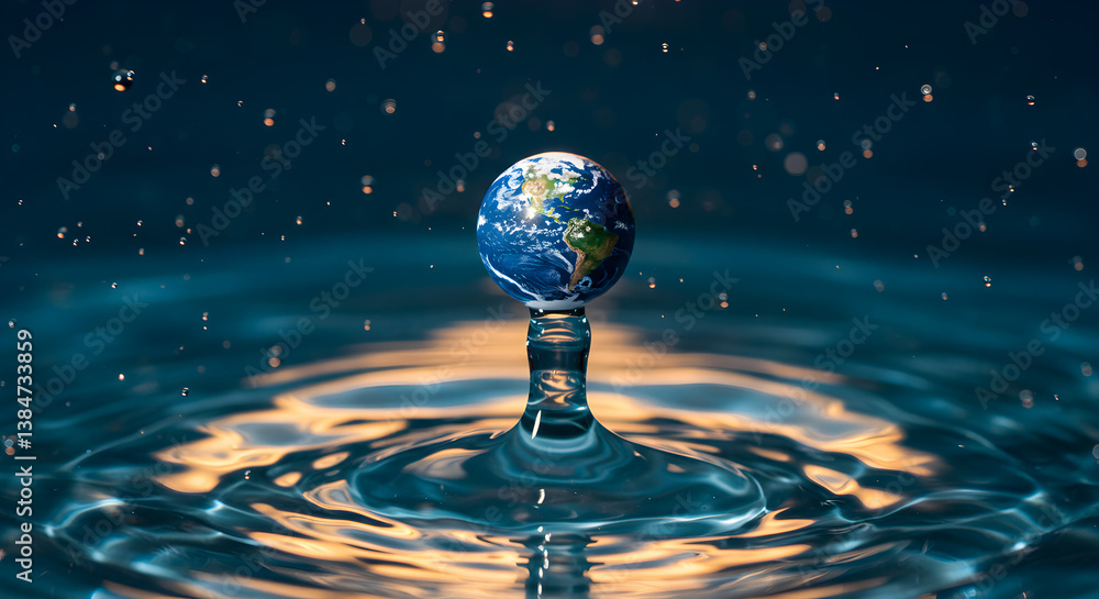 Aufkleber water drop impact with a small earth globe displaying the planet earth on surface with ripples and l
