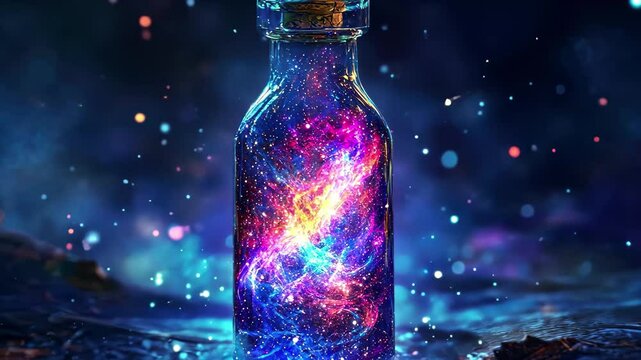 Bottle of cosmic lights creates a nebula enchantment in a mystical setting, Bottle of cosmic lights, mimicking a nebula enchantment, signifying powerful celestial magic