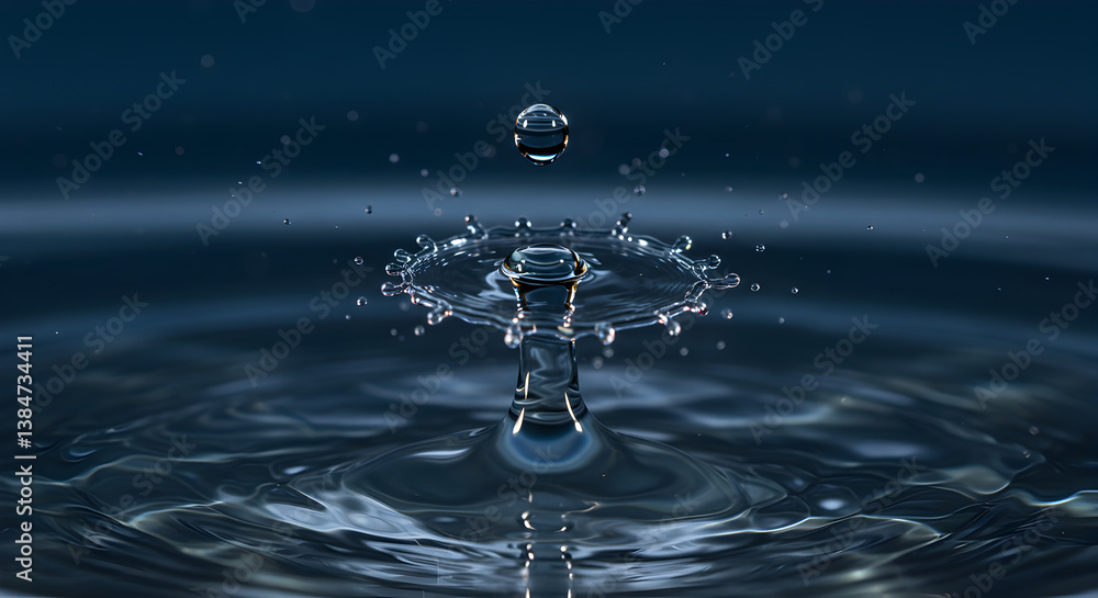 Aufkleber water drop creating circular ripples and intricate splash pattern in dark blue background