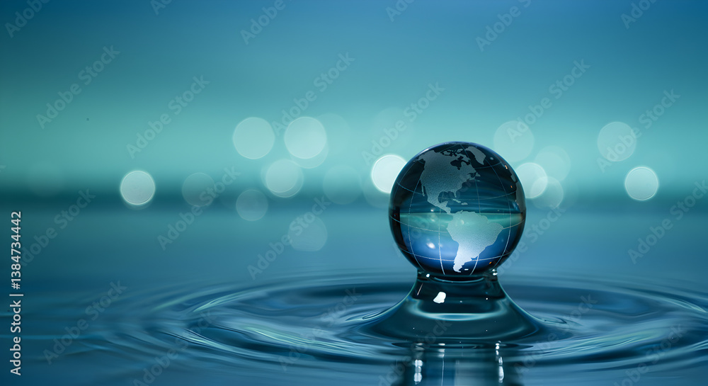 Poster water drop encapsulating a globe on rippled surface with teal bokeh backdrop represents global fluid