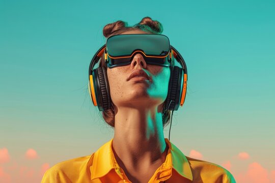 Person wearing virtual reality headset and headphones against colorful sky during sunset while experiencing immersive technology