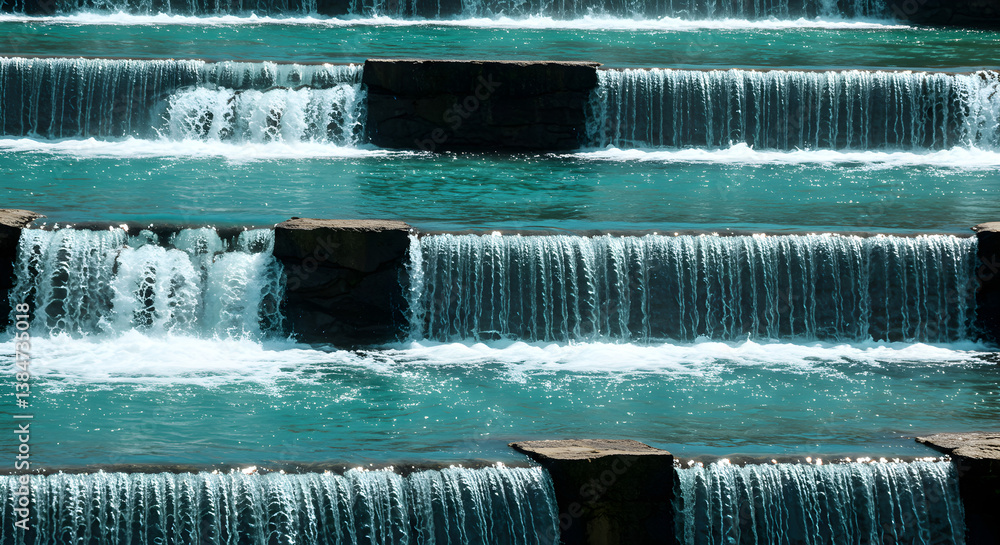 Poster turquoise water cascading down a multi tiered waterfall creating a dynamic and refreshing natural sc