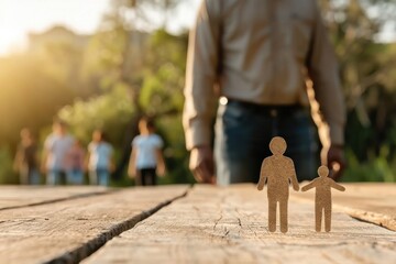 Obraz premium Family connection represented by wooden figures on a table with people in the background during sunset