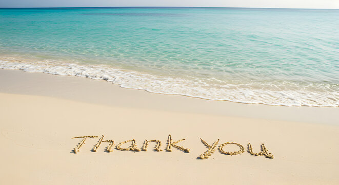 Thank You Sand Writing on Tropical Beach with Turquoise Water and Blue Sky