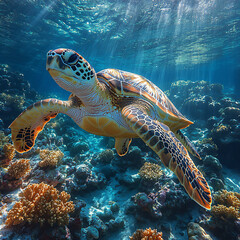 Obraz premium A peaceful underwater scene with a sea turtle slowly swimming over a coral reef, surrounded by colorful marine life
