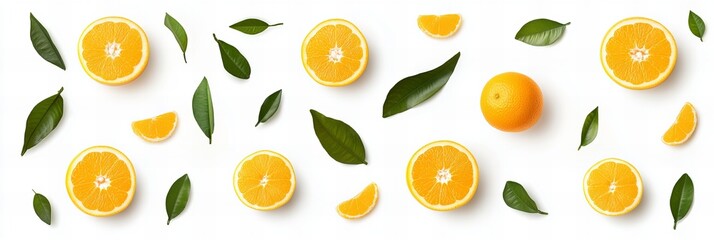 Fresh orange slices with green leaves pattern on white background