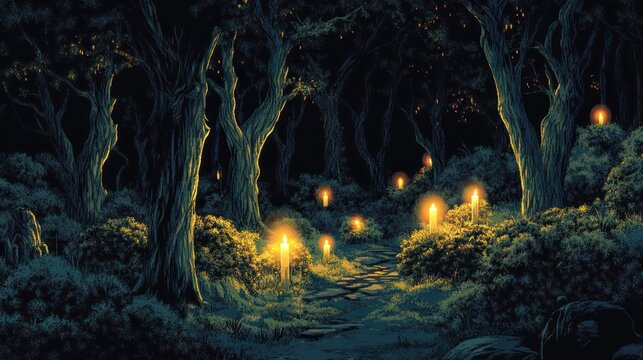 Mystical forest path illuminated by candles