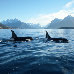 Obraz premium A playful pod of orcas swimming gracefully through a clear blue sea, with distant mountains in the background