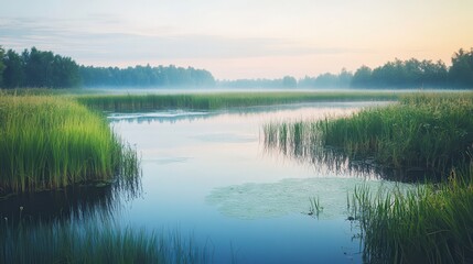 Obraz premium Misty river dawn, tranquil forest, serene landscape