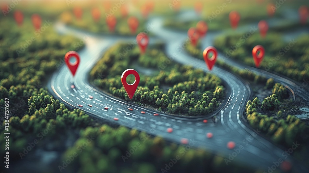 Poster winding road with multiple red location markers, navigation and journey concept. 3d rendering.