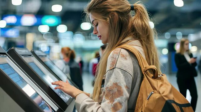 Female traveler checking in at self-service desk in busy airport terminal during daytime, Female Traveller check-in at self help desk in the airport