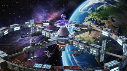 Futuristic space station with a dome and modules orbiting Earth.