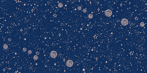 Seamless space pattern with stars and planets on blue background for tarot, astrology. Mystical sky abstract ornament for wallpaper, wrapping paper. Vector illustration.