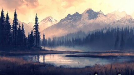 Mountain lake sunset, misty forest, tranquil scene, nature wallpaper