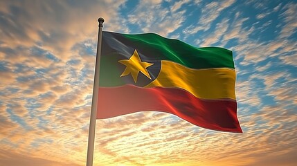 Ethiopian Flag Waving Sunrise Sky.