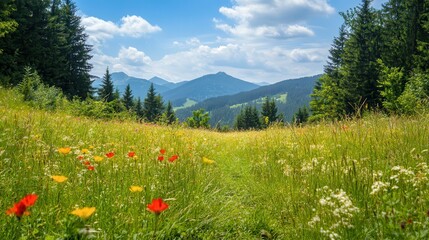 Fototapeta premium Mountain meadow path, wildflowers, summer hike