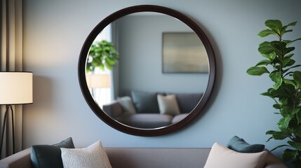 An oversized circular mirror with a dark walnut frame mounted in a serene living space reflecting muted colors and clean lines
