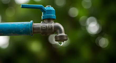 Outdoor Blue Metal Faucet with Dripping Water Against Blurred Green Foliage