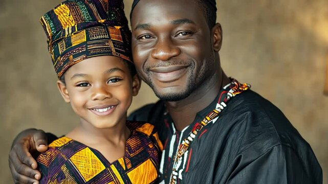 A Black father and son standing together, both wearing traditional African attire.