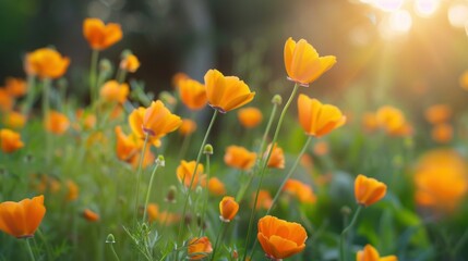 Obraz premium Field of orange spring flowers blooming under the warm sun. stock photo --ar 16:9 --style raw --v 6 Job ID: 654f1638-d6eb-4118-96ab-517f34b6b685