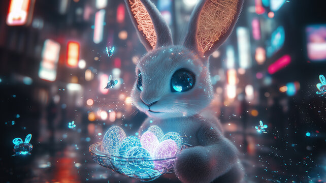 A cyberpunk bunny holds neon wireframe Easter eggs in a city filled with glowing lights. Ideal for futuristic Easter visuals, design, and NFT projects.