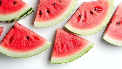 Slices of watermelon arranged on a white surface, showcasing the red flesh and dark seeds. Concept Watermelon Presentation, Fresh Fruit Display, Colorful Summer Snack, Healthy Eating Inspiration