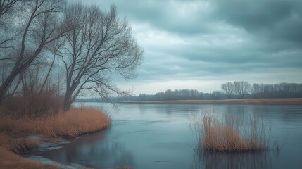 Fototapeta premium Riverbank trees, moody sky, winter landscape, tranquil scene, nature backdrop