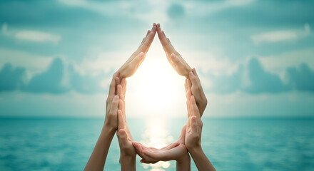 Multiple Hands Forming House Shape Over Turquoise Sea and Sky Representing Security and Unity