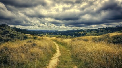 Rural path, grassy hills, stormy sky, nature walk