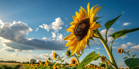Sunflower in a Sunflower Field with Beautiful White Clouds in the Sky