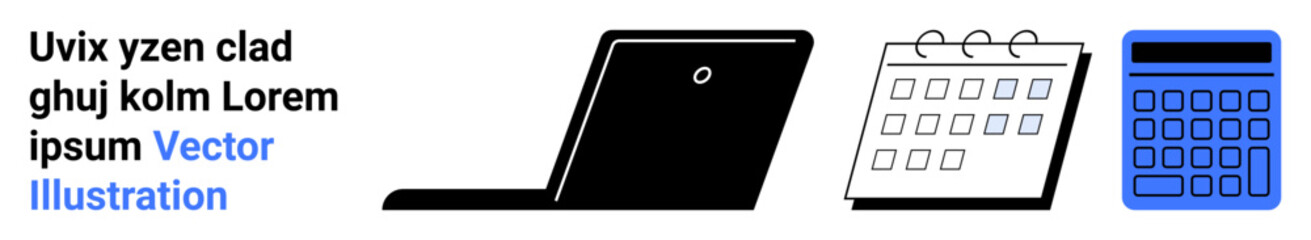 Black laptop, outlined white calendar, and blue calculator symbolizing office tasks, productivity, budgeting, scheduling, planning, and organization. Ideal for business finance workflow remote