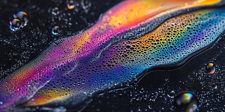 Colorful iridescent oil slick surface abstract with bubbles on transparent background