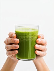 Refreshing Green Juice in Hands with Healthy Ingredients Inside