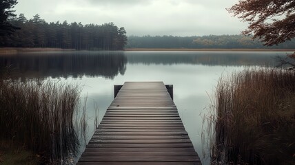 Obraz premium Serene autumn lake pier, misty forest background, peaceful reflection, travel poster