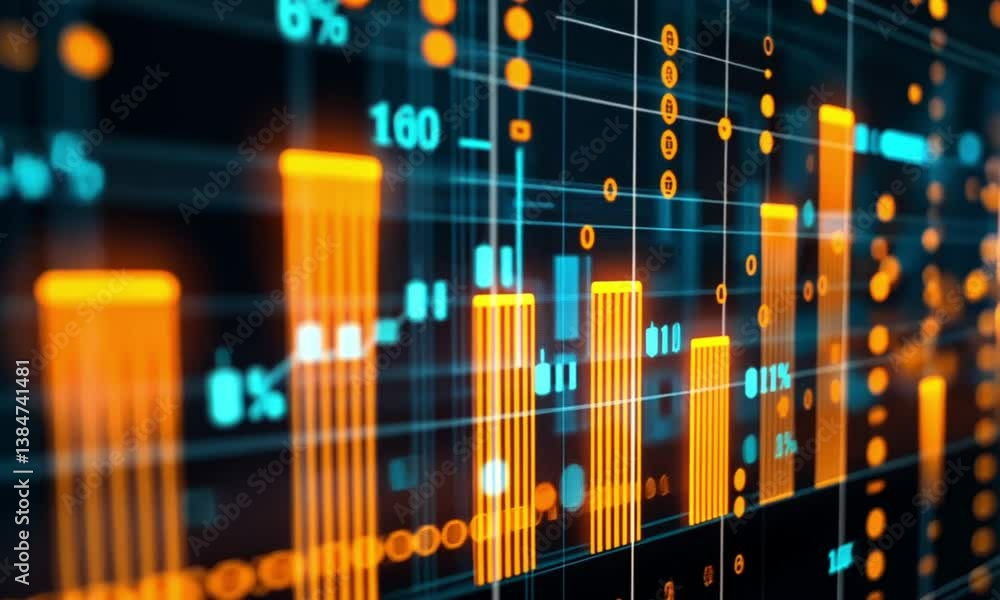 Poster abstract data visualization: dynamic orange and blue digital charts