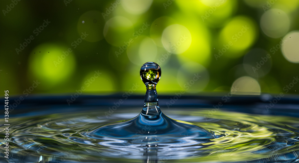 Aufkleber macro shot of single water drop creating ripple with blurred green background in splashing action