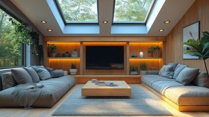 Modern Attic Conversion with Skylights and Built-in Entertainment Center. Generative AI