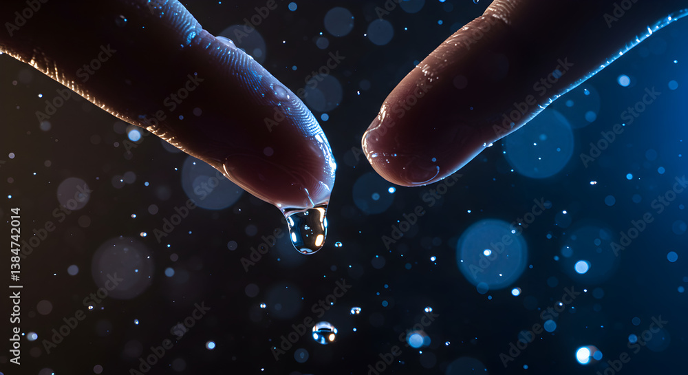 Poster macro shot of a water drop falling from fingertips with blue bokeh in a dark background