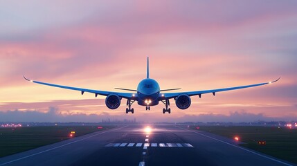 An airplane approaches for landing at sunset, casting a silhouette against a colorful sky and illuminating the runway lights below.