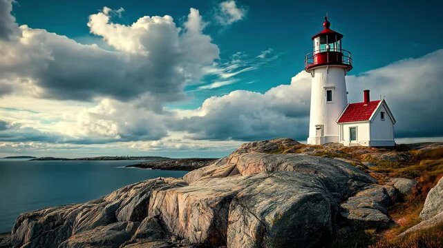 Lindesnes Lighthouse stands proudly on rocky shores under a dramatic cloudy sky, Coastal lighthouse Lindesnes Lighthouse is a coastal lighthouse at the southernmost tip of Norway