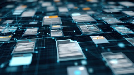 Abstract network grid with files and folders, futuristic software interface, digital document management system, store, search and organize documents, corporate business, paperless office	

