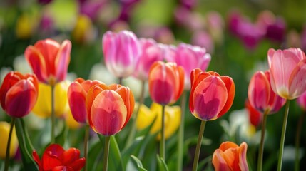 Obraz premium Bright tulip flowers filling the background of a garden. stock photo --ar 16:9 --style raw --v 6 Job ID: 3076f134-052d-4e5c-86f4-63b4a22f9abf