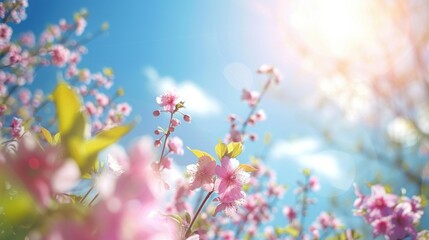 Fresh spring background with blooming flowers and clear skies. stock photo --ar 16:9 --style raw --v 6 Job ID: 0367d37a-4031-46b0-89d2-4bf26ca99f4d