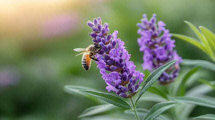 Obraz premium Bee pollinating purple flora in spring nature landscape vibrant environment close-up view
