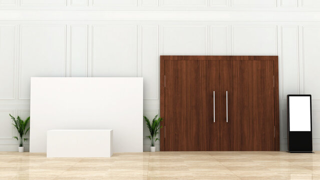 White blank registration desk and digital standee near hall door. 3D rendering of a pre-function area of a hotel. reception desk, digital screen for branding.